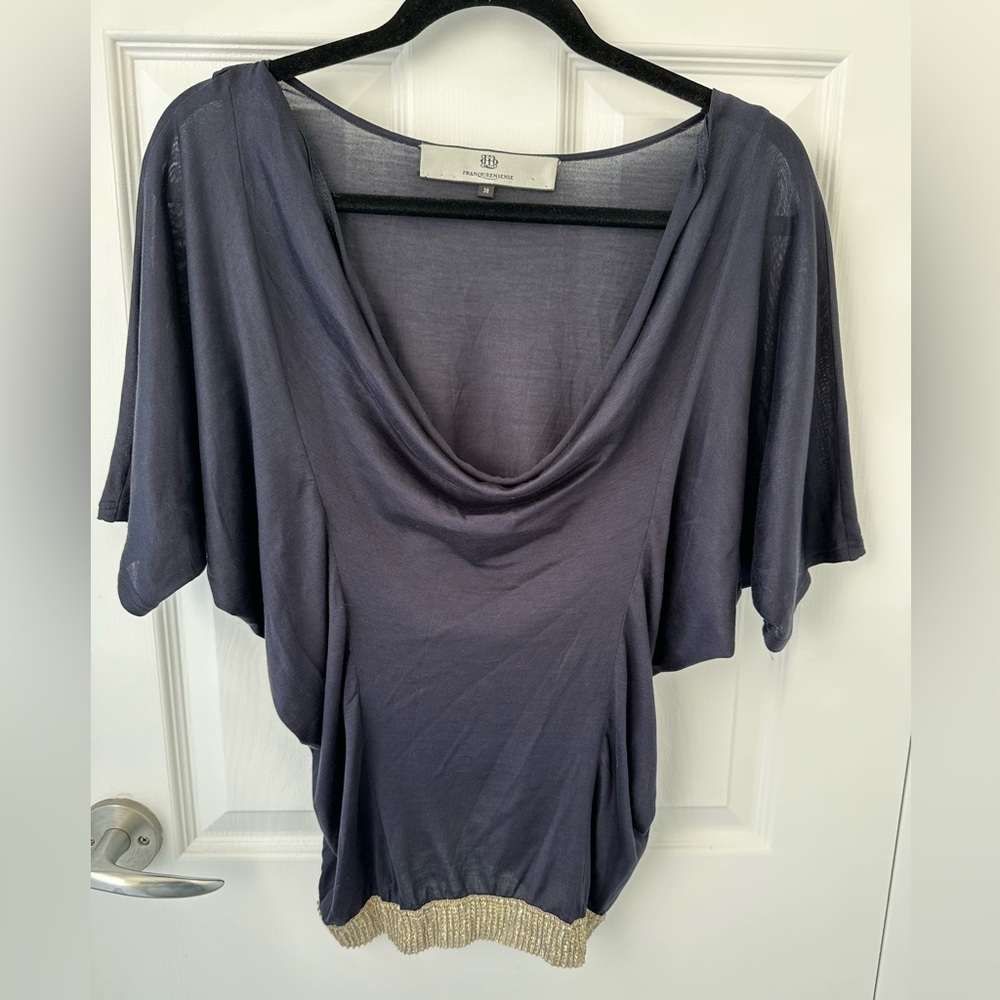 Franqueensense Navy Blue 100% Silk Cowl Neck Batwing Short Sleeve Top Small
